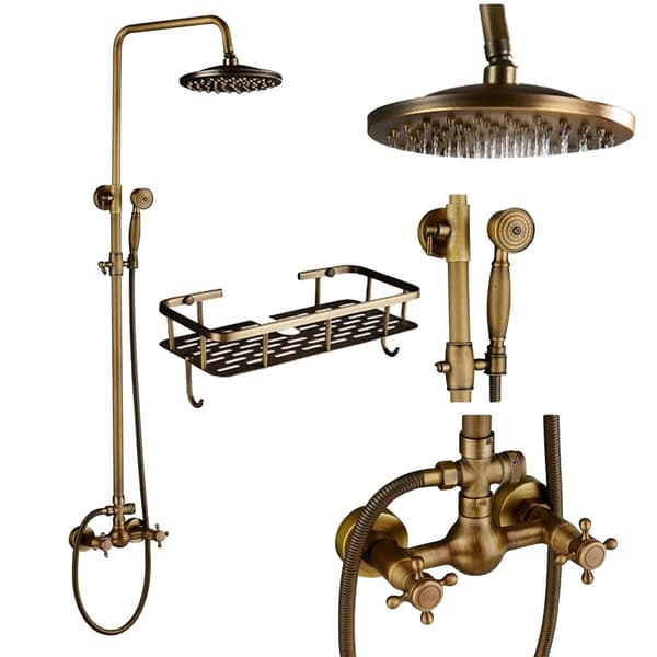 Brass Antik Badrum Duschkran Set, 8 Tum Rund Duschhuvud, Höjdjusterbar,FHL1-J