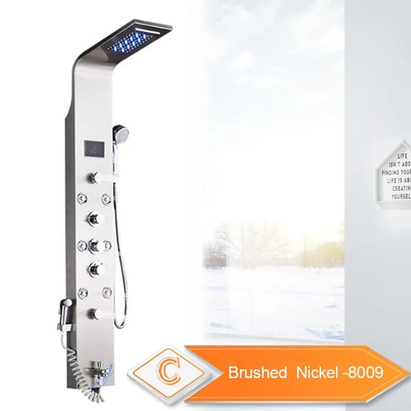 LED Badrum Duschpanel, 6 Lägen Intelligent LCD, Roséguld Regn Vattenfall,Borstad nickel 8009