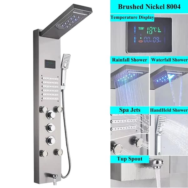 LED Duschpanel, Digital Temperaturvisning, Mångsidiga Duschfunktioner,Borstad nickel 8004