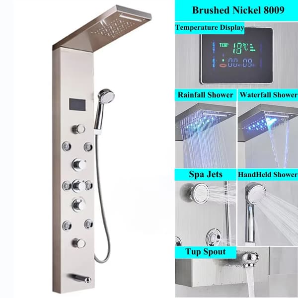 LED Duschpanel, Digital Temperaturvisning, Mångsidiga Duschfunktioner,Borstad nickel 8009