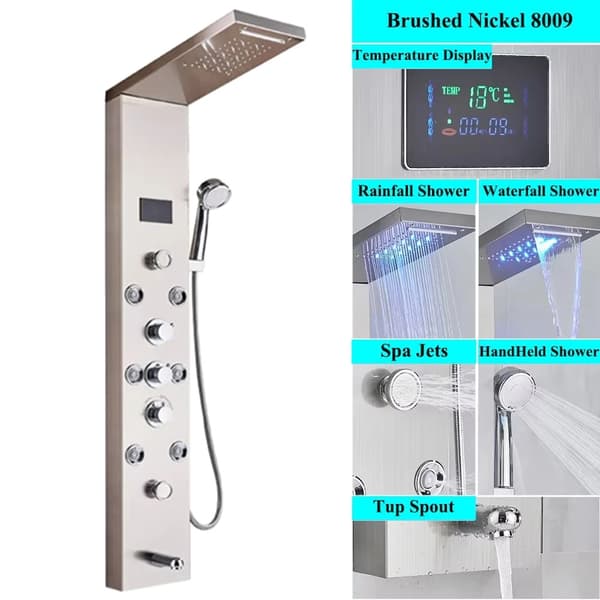 LED Duschpanel, Digital Temperaturvisning, Mångsidiga Duschfunktioner,Borstad nickel 8009