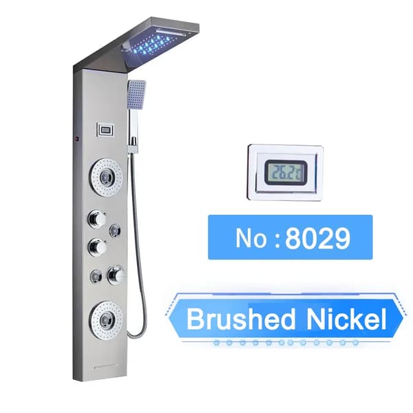 LED Duschpanel, Digital Temperaturvisning, Väggmonterad Installation,Borstad nickel 8029
