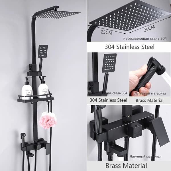 Sort Regnbruser Armatur, Justerbar Højde, Dobbelt Brusehoveder,Sort-F6026BB