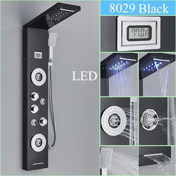 LED Duschpanel System, 5 Vattenlägen, Dubbel Kontroll, Modern Design i Rostfritt Stål,Svart-8029