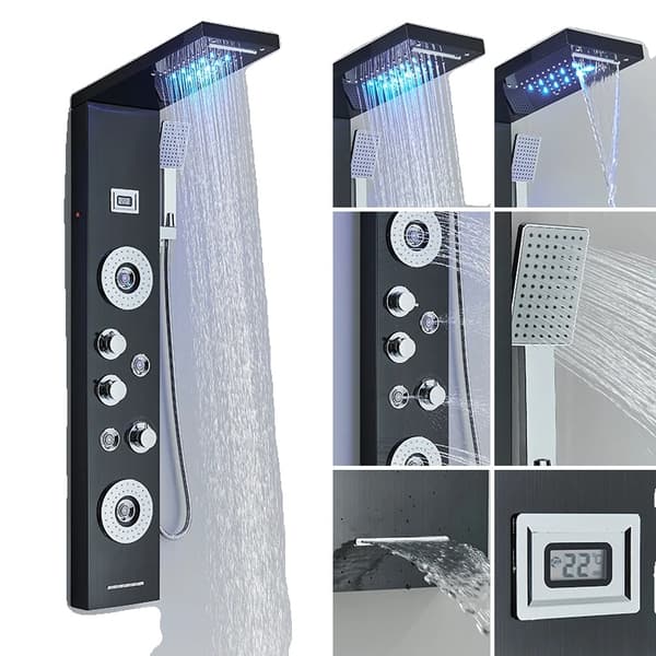 LED Duschpanel System, Kall- och Varmvattenkontroll, Keramisk Ventilkärna, Mångsidiga Handtagsalternativ,8029 Svart