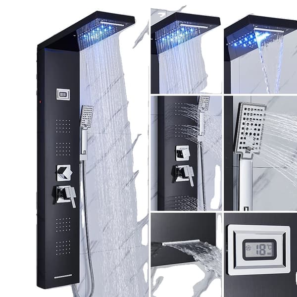 LED Bruserpanel System, Kold & Varmtvandskontrol, Keramisk Ventilkern, Alsidige Håndtagsmuligheder,8024 Sort