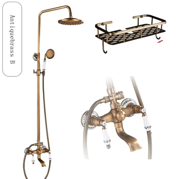 Antikbrass Duschset, Dubbelhandtags Temperaturkontroll, Regnduschhuvud,QHC Hylla