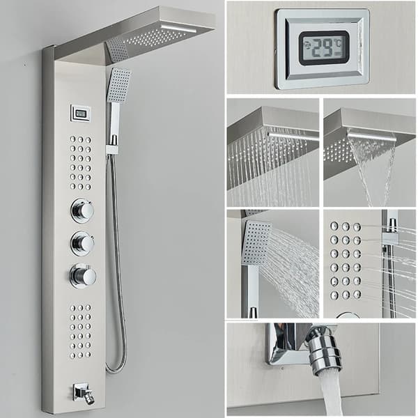 Termostatisk bruserarmatur, LED-lys, digital temperaturvisning,Børstet nikkel 1047