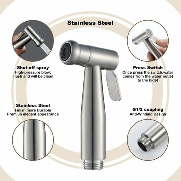 Jieluo Toalett Handdusch Komplett Kit - Toalett Handdusch Kit med 3-vägsventil (1/2"-3/8") I Standardstorlekar Frankrike (Silver)