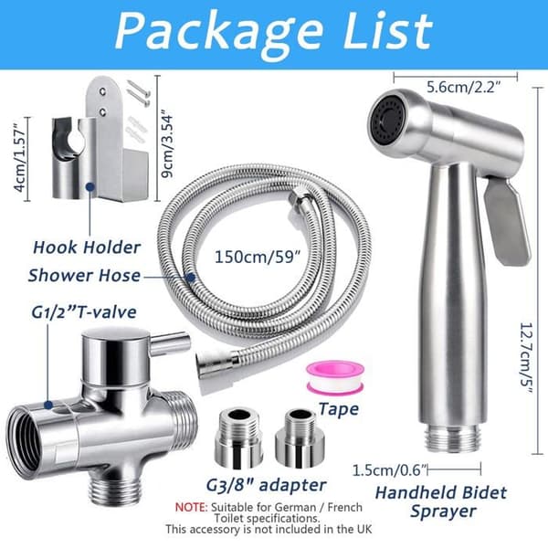 Jieluo Toalett Handdusch Komplett Kit - Toalett Handdusch Kit med 3-vägsventil (1/2"-3/8") I Standardstorlekar Frankrike (Silver)