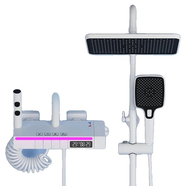 Termostatisk brusearmatur med digitalt display, moderne design, kontrol af varmt og koldt vand,Hvid