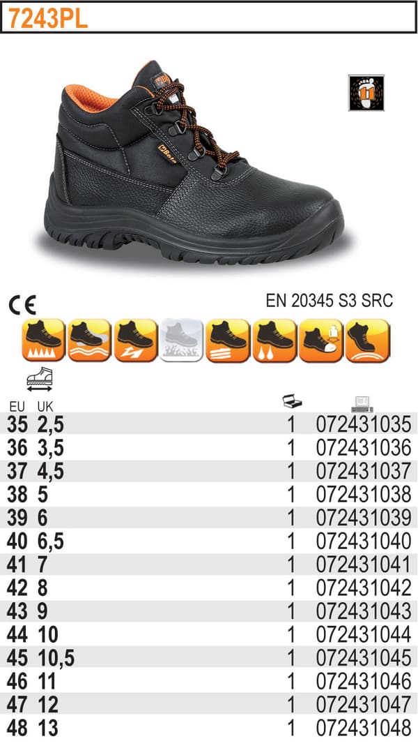 BETA ARBETSSKOR / ISOLERADE LÄDERANKLAR 7243PL - STORLEK 45