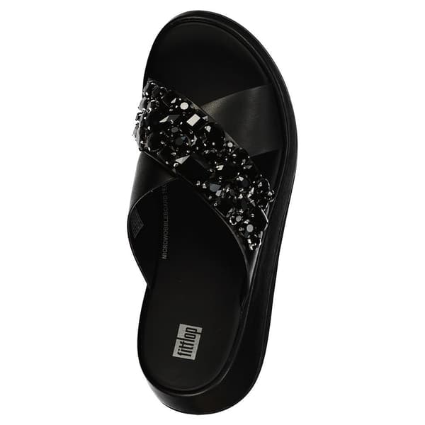 Fitflop Slides F-mode Jewel-deluxe Leather Flatform Cross Svart EU 38 Kvinna