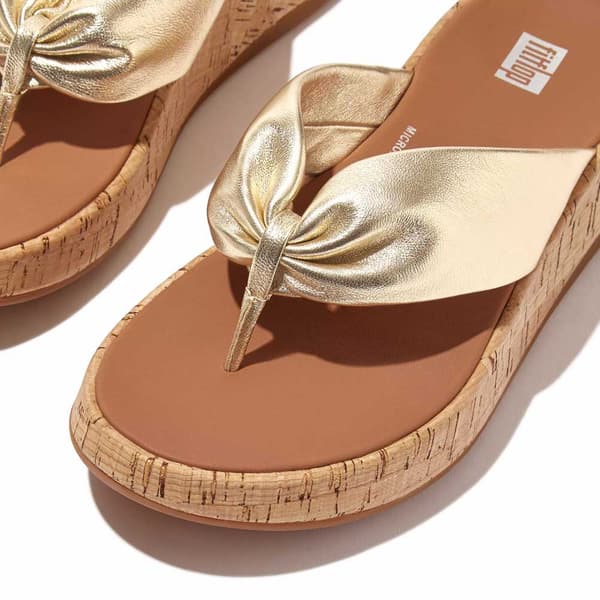 Fitflop Slides F-mode Leather-twist Flatform Toe-thongs Guld EU 38 Kvinna
