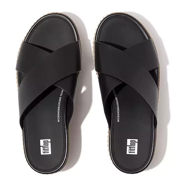 Fitflop Slides Eloise Leather/cork Wedge Cross Svart EU 40 Kvinna