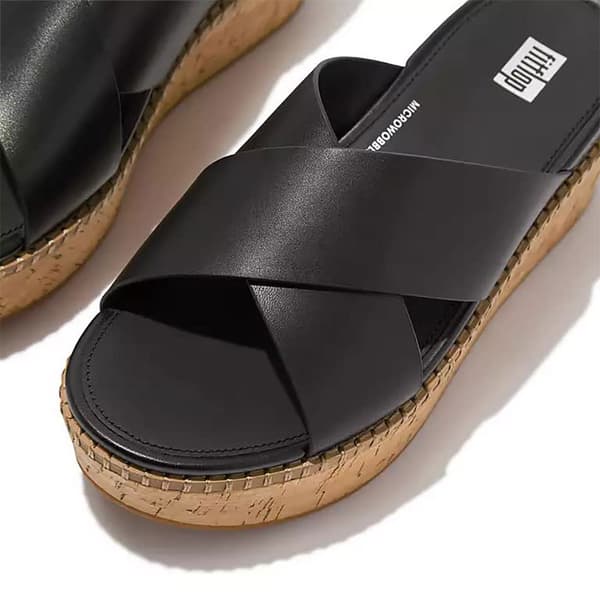 Fitflop Slides Eloise Leather/cork Wedge Cross Svart EU 40 Kvinna