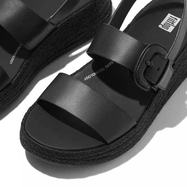 Fitflop F-mode Espadrille Buckle Leather Flatform Klipklapper Sort EU 38 Kvinde