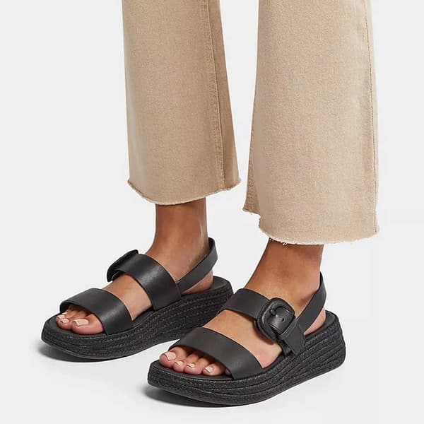 Fitflop F-mode Espadrille Buckle Leather Flatform Klipklapper Sort EU 38 Kvinde