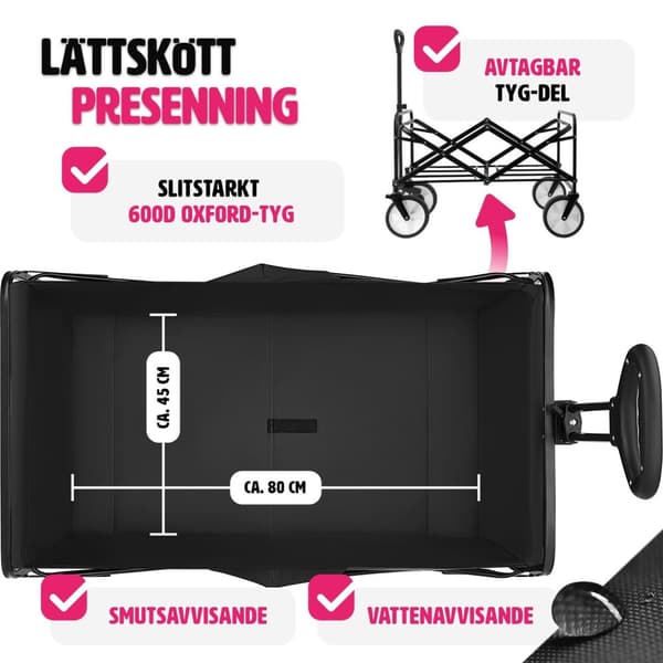 Hopfällbar skrinda Leon med bromsar, lastkapacitet 80kg - svart