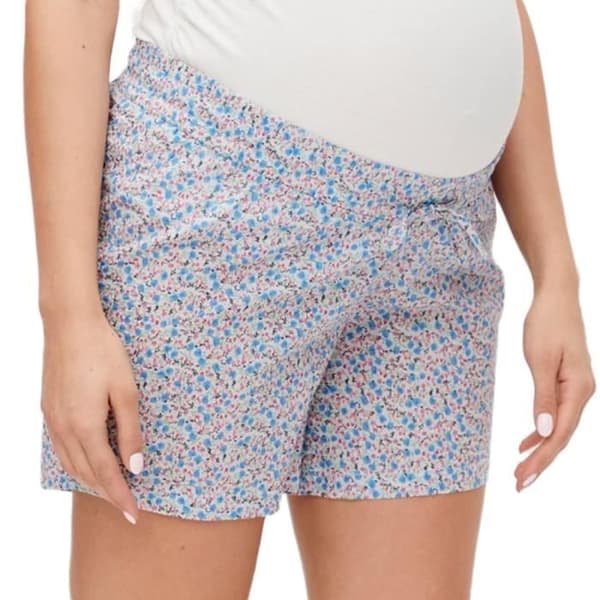 Korta Graviditetshorts Vit/Blå - Mamalicious - Ginger - Elastisk midja - Mönster i tryck - 100% bomull