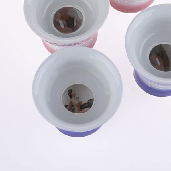UPPSÄTTNING MED 6 BLÅ-ROSA ASIANSKA SAKE CUPS - Blandade erotiska bilder