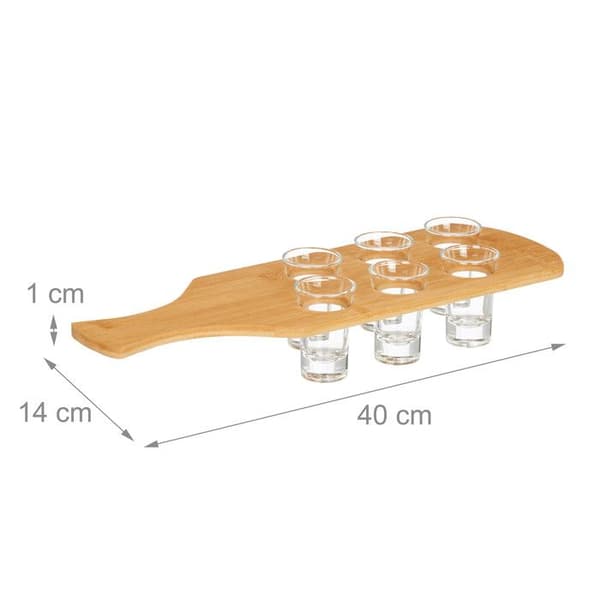 Relaxdays Shotbräda, med 6 glas, 4 cl, stöd med handtag, presentidé, bambu, natur