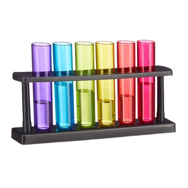 Relaxdays Provsmuggar i provrör, 6 roliga shots-koppar, stativ, 4 cl, provrör, plast, färgglad