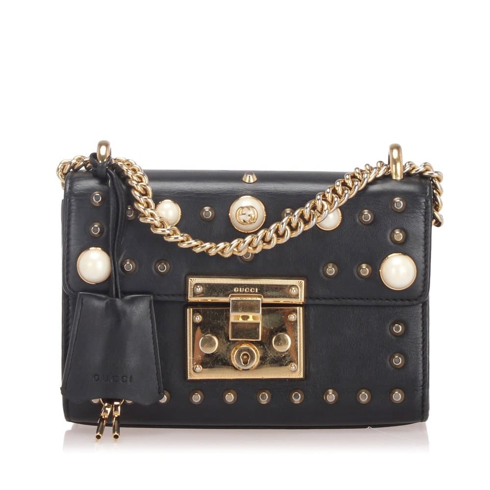Gucci Small Studded Padlock Leather Shoulder Bag Black