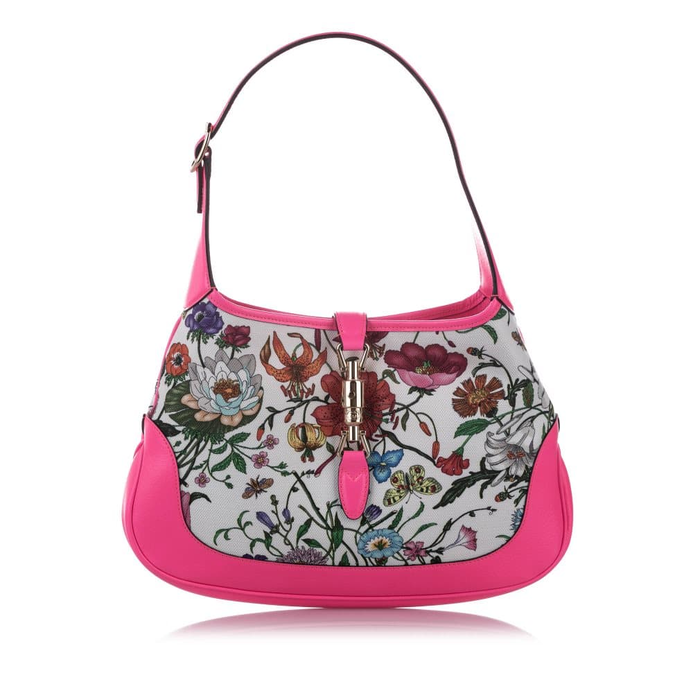 Gucci Flora New Jackie Canvas Shoulder Bag White