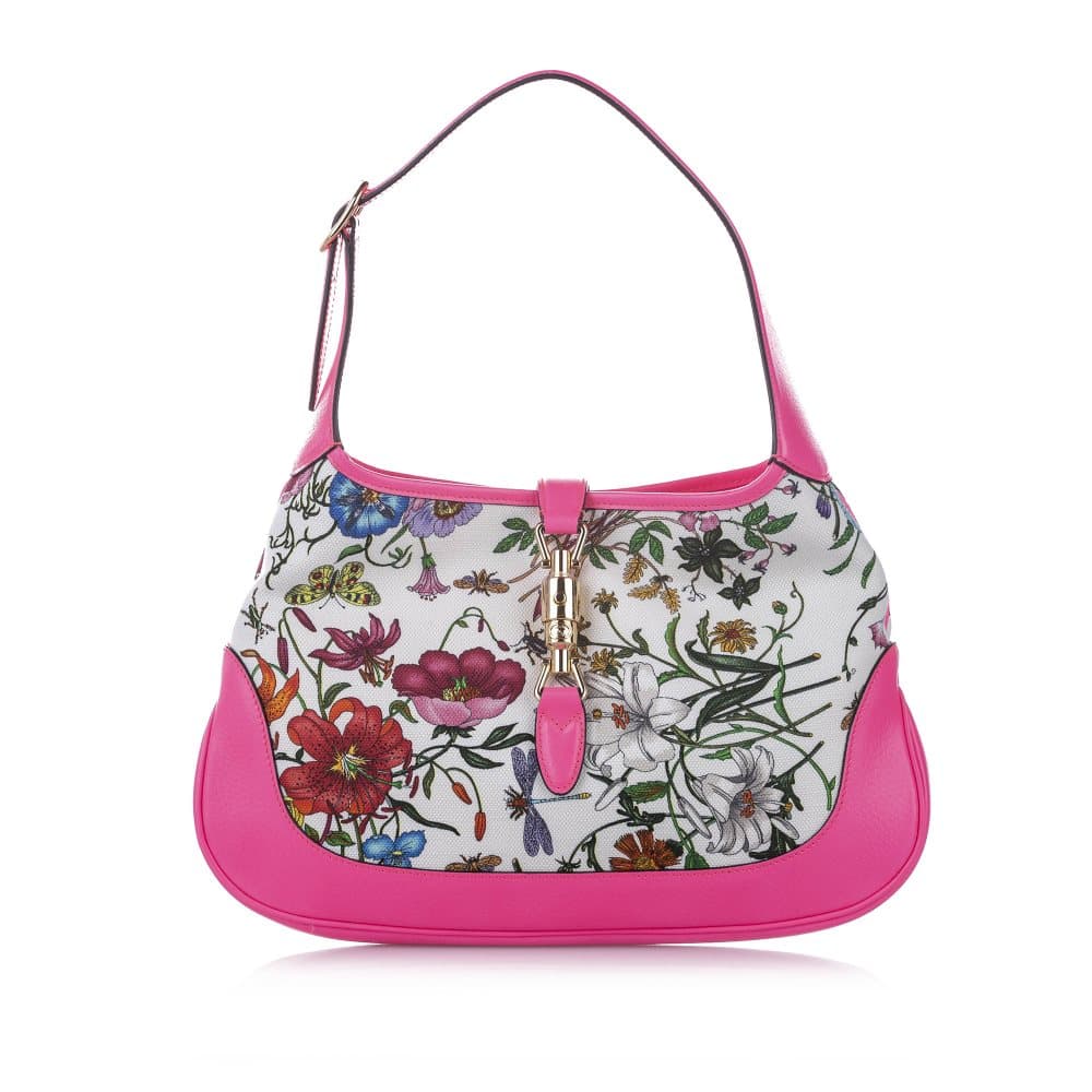 Gucci Flora New Jackie Canvas Shoulder Bag White