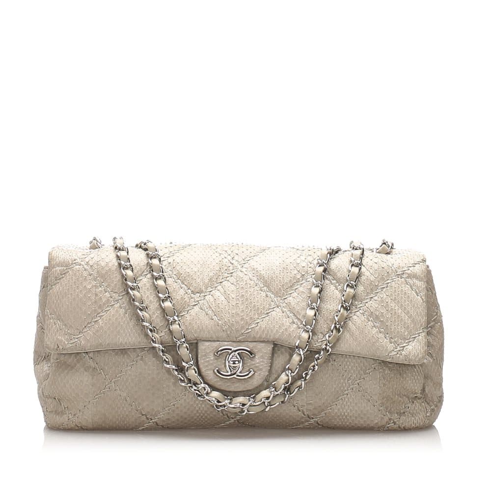 Chanel Classic East West Ultra Stitch Snake Skin Single Flap Bag White