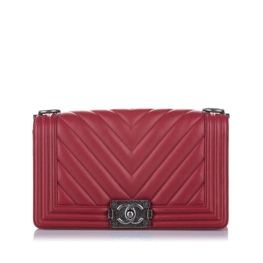 Chanel Chevron Boy Leather Flap Bag Red