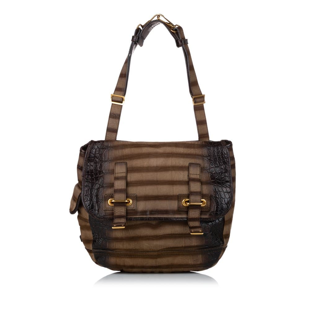Pre-owned YSL Besace Embossed Nubuck Leather Flap Bag Brown