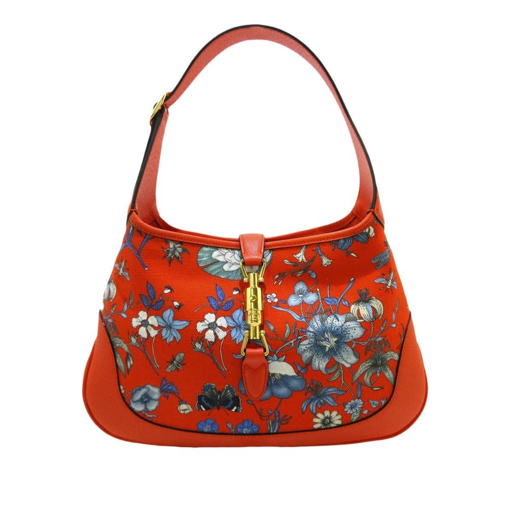 Pre-owned Gucci Flora New Jackie Canvas Shoulder Bag Orange
