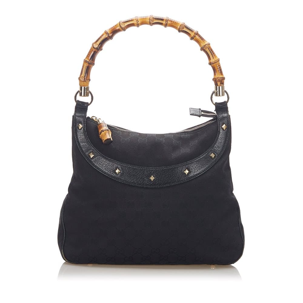 Pre-owned Gucci Bamboo GG Canvas Nailhead Shoulder Bag Black