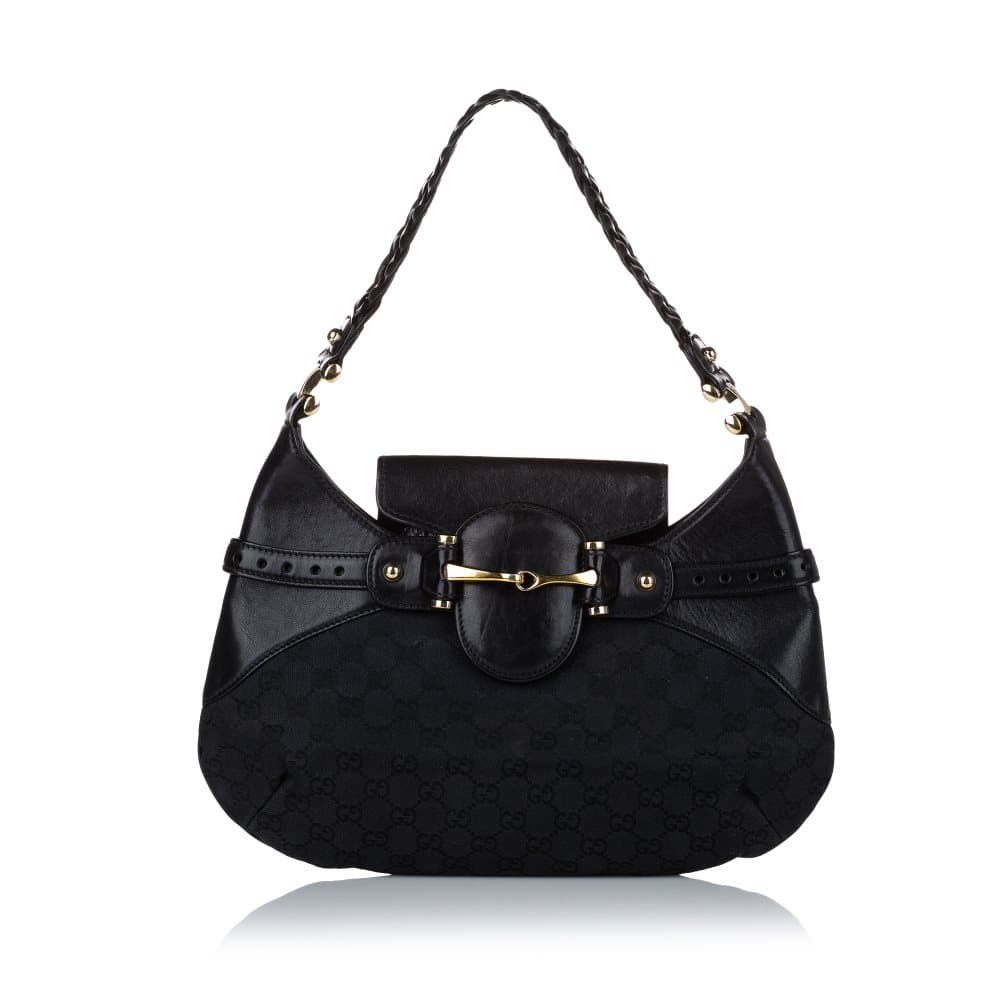 Pre-owned Gucci GG Canvas Horsebit Shoulder Bag Black