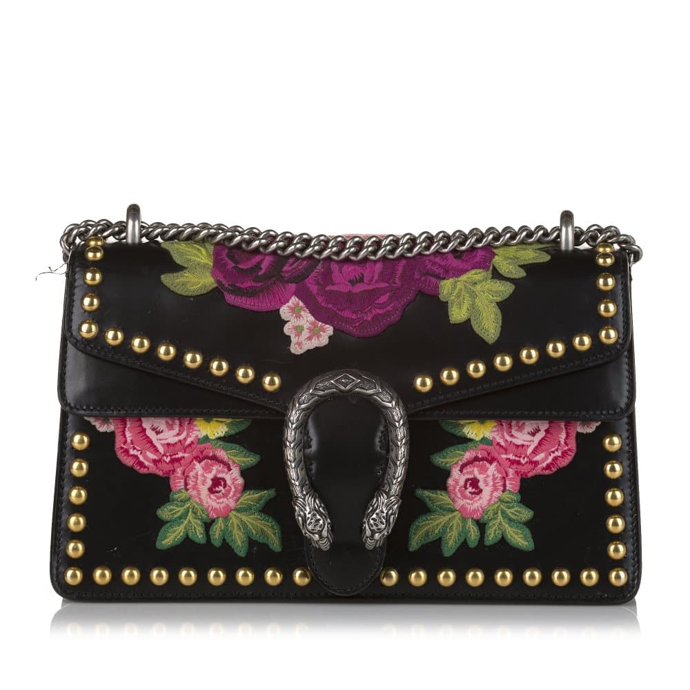 Pre-owned Gucci Dionysus Embroidered Studded Shoulder Bag Black