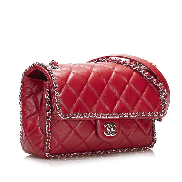 Pre-owned Chanel Crumpled Chain All Over Flap  Red