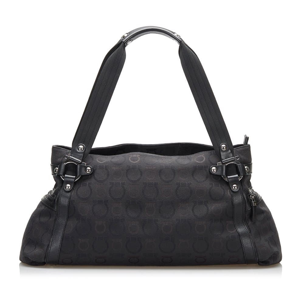 Pre-owned Ferragamo Ganchini Logo Canvas Shoulder Bag Black
