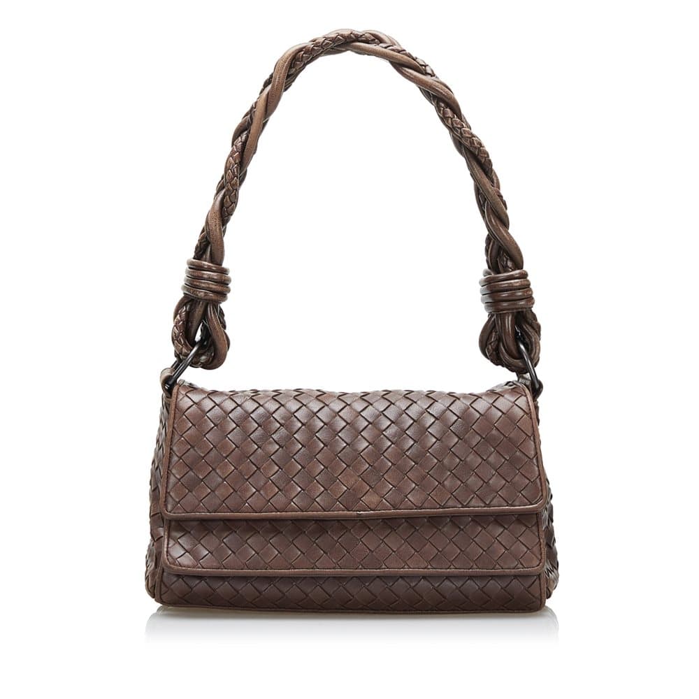 Pre-owned Bottega Veneta Intrecciato Trimmed Double Flap Shoulder Bag Brown