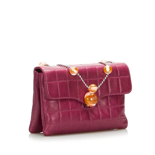 Pre-owned Chanel Square Quilted Lambskin Beaded Chain Shoulder Bag Purple