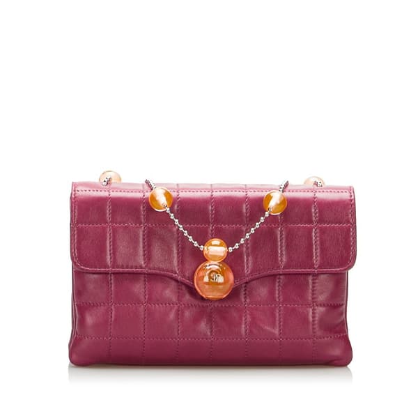 Pre-owned Chanel Square Quilted Lambskin Beaded Chain Shoulder Bag Purple