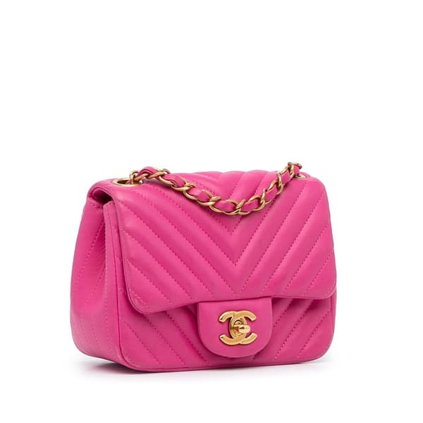 Pre-owned Chanel Mini Square Classic Chevron Lambskin Single Flap Pink