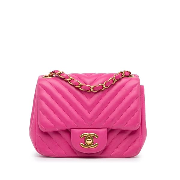 Pre-owned Chanel Mini Square Classic Chevron Lambskin Single Flap Pink