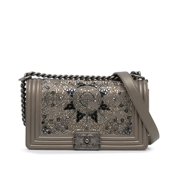 Pre-owned Chanel Medium Crystal Embellished Goatskin Boy Brown