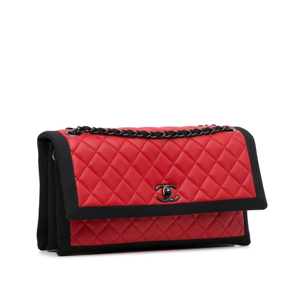 Pre-owned Chanel Medium Quilted Lambskin Grosgrain Two Tone Flap Bag Red