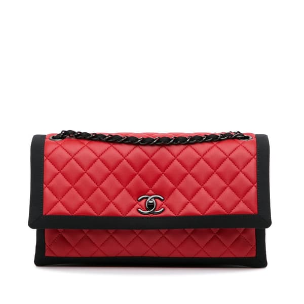 Pre-owned Chanel Medium Quilted Lambskin Grosgrain Two Tone Flap Bag Red