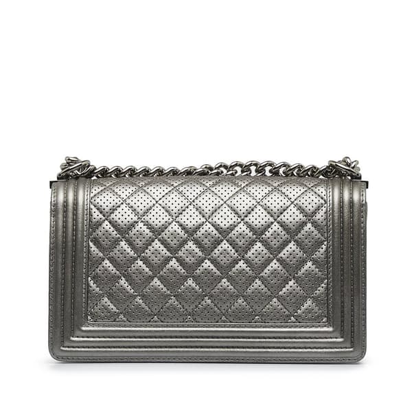 Pre-owned Chanel Old Medium Quilted Perforated Metallic Lambskin Boy Flap Gray