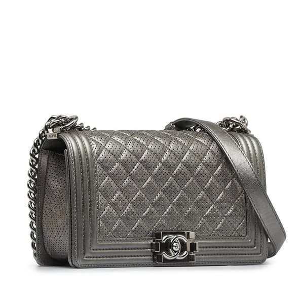 Pre-owned Chanel Old Medium Quilted Perforated Metallic Lambskin Boy Flap Gray