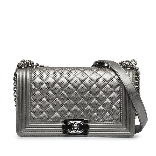 Pre-owned Chanel Old Medium Quilted Perforated Metallic Lambskin Boy Flap Gray